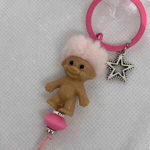 Handcrafted Troll Keychain with Charm and Mesh Gift Bag